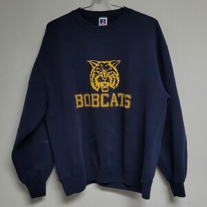 Russell Athletic Bobcats Sweater Vintage 90s Navy Yellow Pullover‎ USA Crewneck
